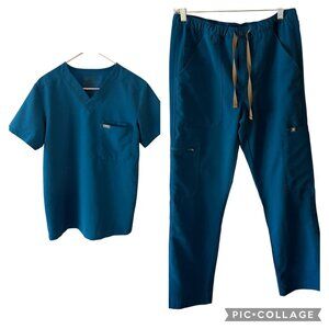 Figs Technical Collection XS/S Teal Scrub Set - V-Neck Top (XS)  Drawstring Pant